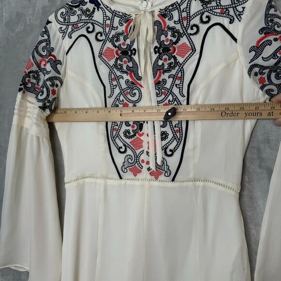 Parker Mini Dress Womens Small Ivory Silk Embroidered Boho Bell Sleeve Keyhole - Picture 10 of 14